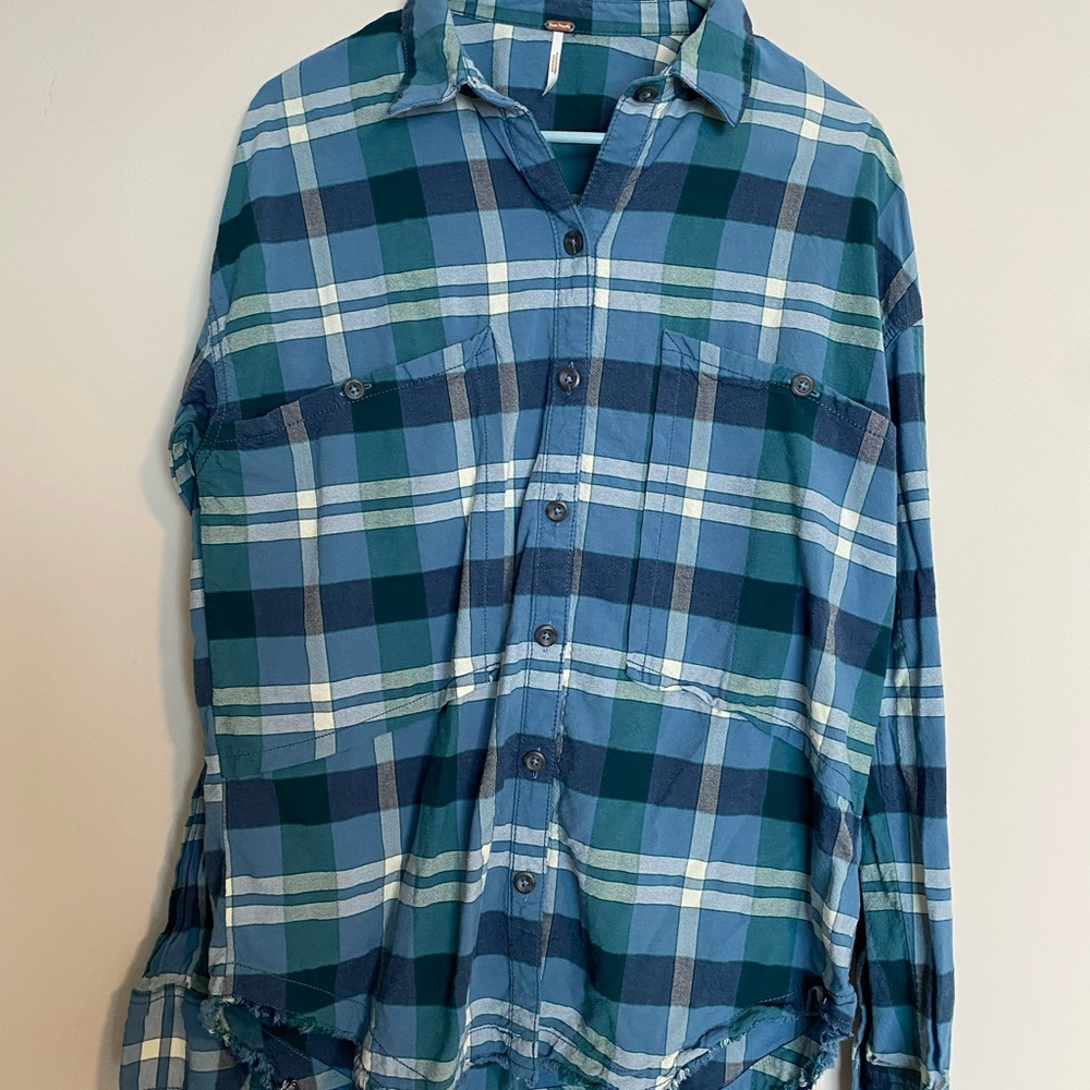 Free People Blue Plaid Button-Up Shirt - Oversized Small